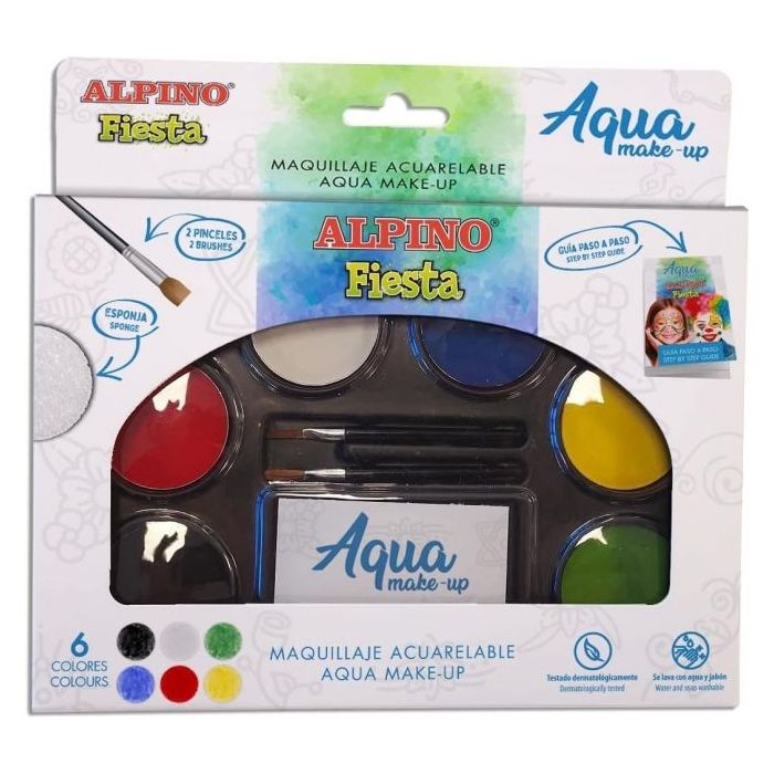 Alpino Fiesta Aqua Make-up Pack con Paleta de Maquillaje Acuarelable con 6 Colores + 2 Pinceles + Esponja y Guia de Uso - Se Lava con Agua y Jabon - Colores Surtidos