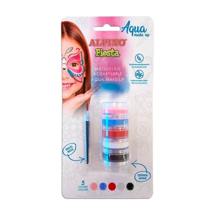 Alpino Fiesta Aqua Make-up Pack Torre de Maquillaje Facial Acuarelable con 5 Colores Diferentes + Pincel + Esponja - Se Lava con Agua y Jabon - Testado Dermatologicamente - Colores Surtidos