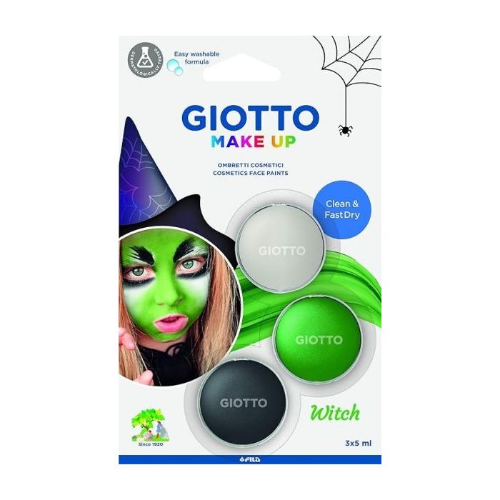 Giotto Make Up Witch Pack con 3 Maquillajes Faciales de Tematica Bruja - Se Lava con Agua - Dermatologicamente Testado - Colores Surtidos