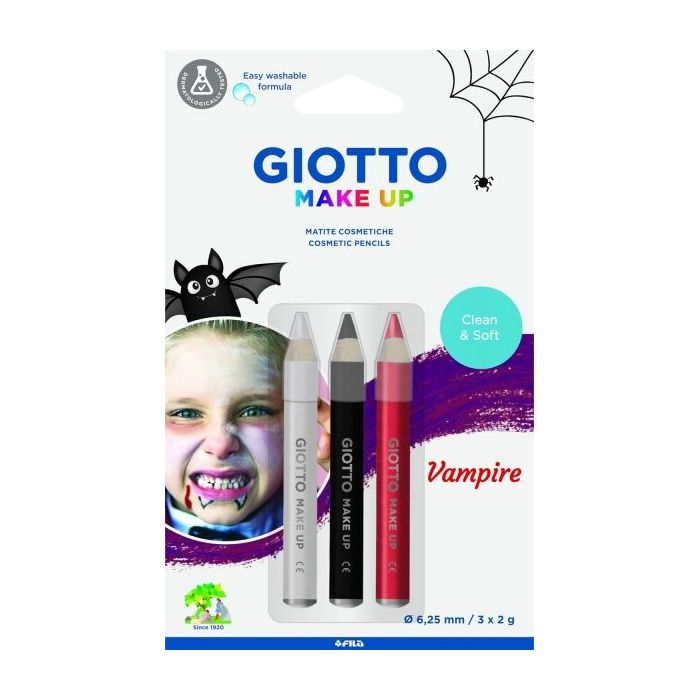 Giotto Make Up Vampire Pack con 3 Lapices Cosmeticos de Tematica Vampiro - Se Lava con Agua - Dermatologicamente Testado - Colores Surtidos