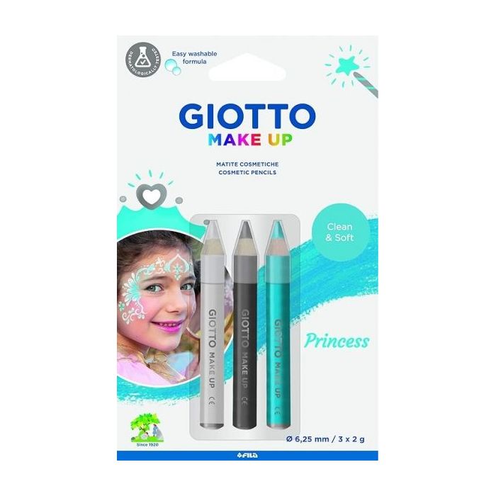 Giotto Make Up Princess Pack con 3 Lapices Cosmeticos de Tematica Princesa - Se Lava con Agua - Dermatologicamente Testado - Colores Surtidos