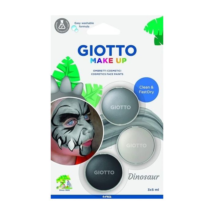 Giotto Make Up Dinosaur Pack con 3 Maquillajes Faciales de Tematica Dinosaurio - Se Lava con Agua - Dermatologicamente Testado - Colores Surtidos