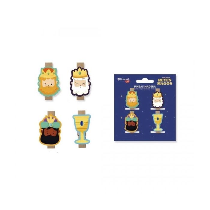 Bismark Pack de 4 Pinzas de Madera Decoradas con Reyes Magos