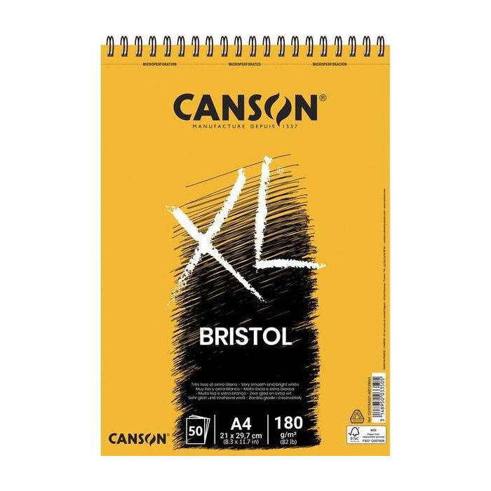 Canson Bloc XL Bristol Extraliso A4 de 50 Hojas 180gr - Acabado Satinado - Muy Resistente - Color Blanco