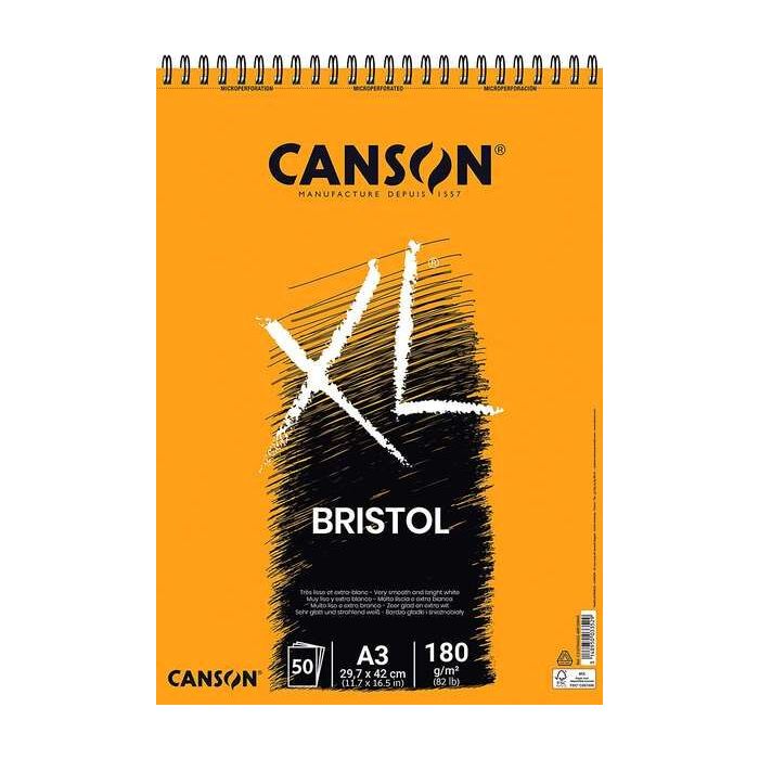 Canson Bloc XL Bristol Extraliso A3 de 50 Hojas 180gr - Acabado Satinado - Muy Resistente - Color Blanco