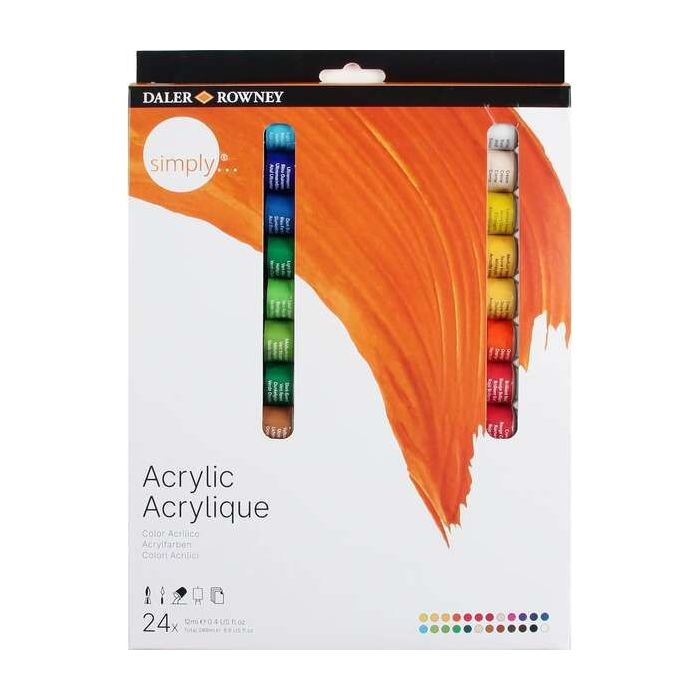 Daler Rowney Simply Pack de 24 Pinturas Acrilicas 12ml - Secado Rapido - Optima Cobertura - Mezclables - Colores Surtidos