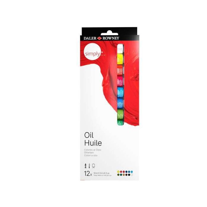 Daler Rowney Simply Pack de 12 Pinturas Oleo 12ml - Excelente Resistencia a la Luz - Colores Surtidos
