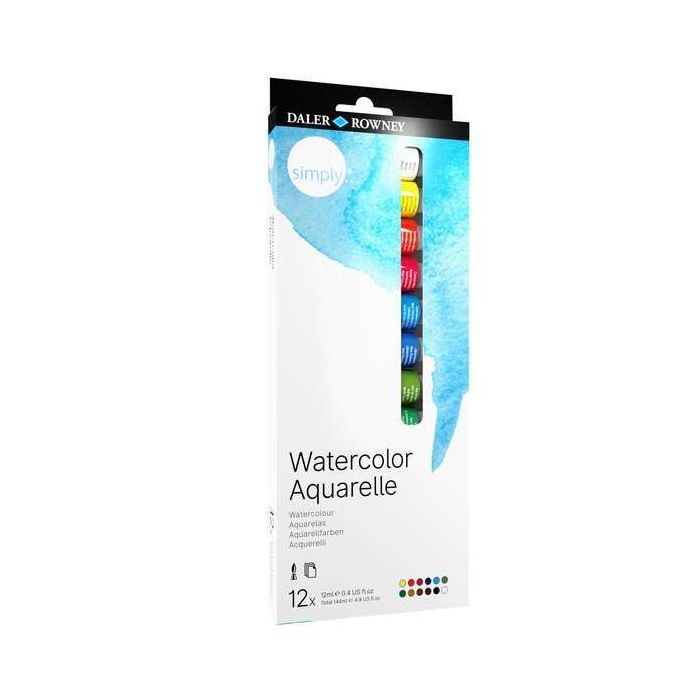 Daler Rowney Simply Pack de 12 Acuarelas 12ml - Se Humedecen Facilmente - Colores Surtidos