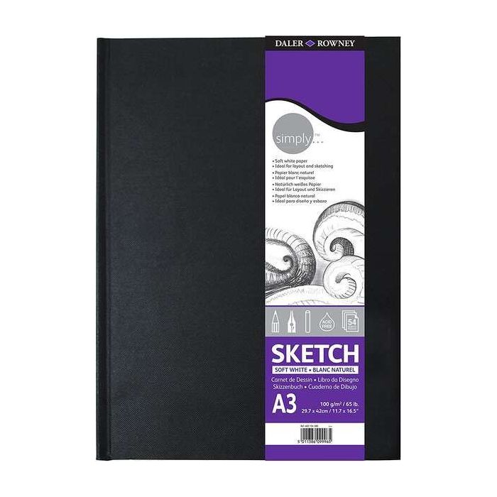 Daler Rowney Simply Cuaderno de Dibujo Cosido A3 54 Hojas 100g/m2 - Cubierta Rigida - Color Blanco