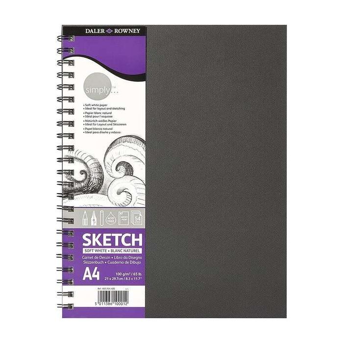 Daler Rowney Simply Cuaderno de Dibujo A4 100g/m2 - Cubierta Rigida con Encuadernacion en Espiral - Color Blanco