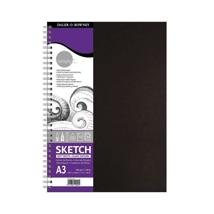 Daler Rowney Simply Cuaderno de Dibujo A3 - Cubierta Rigida con Encuadernacion en Espiral 100g/m2 - Color Blanco