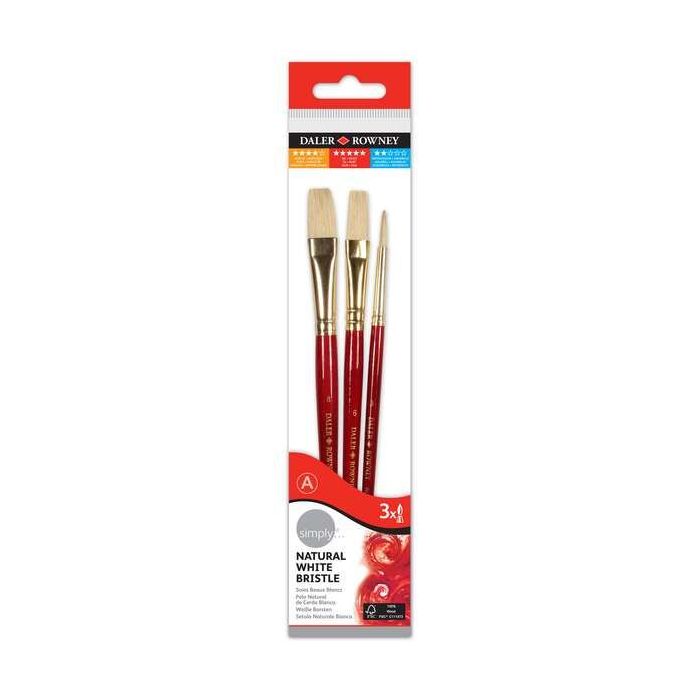 Daler Rowney Simply Pack de 3 Pinceles de Pelo Natural T-2 - Cerda Blanca - Diseño Ergonomico - Color Marron