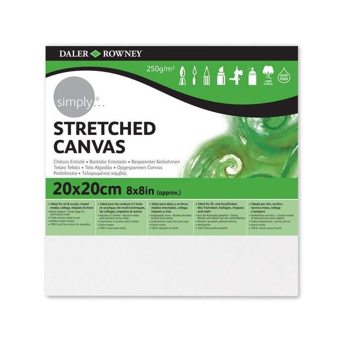 Daler Rowney Simply Bastidor Entelado 20x20cm - Imprimacion Triple - Grano Medio - 100% Algodon sin Acido - 250g