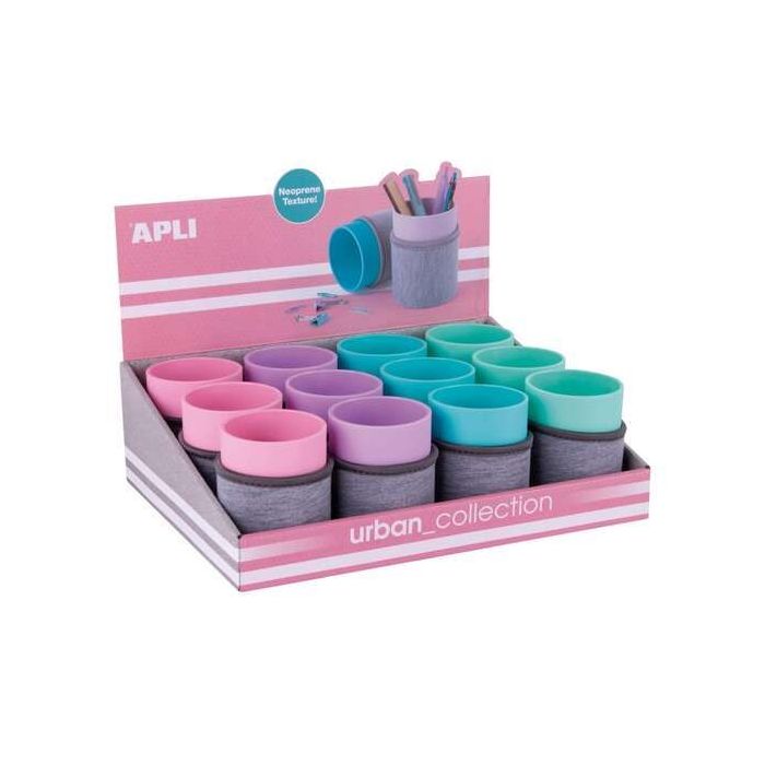 Apli Urban Collection Expositor de 12 Cubiletes con Funda de Neopreno - Medidas 105x80mm - Colores Surtidos