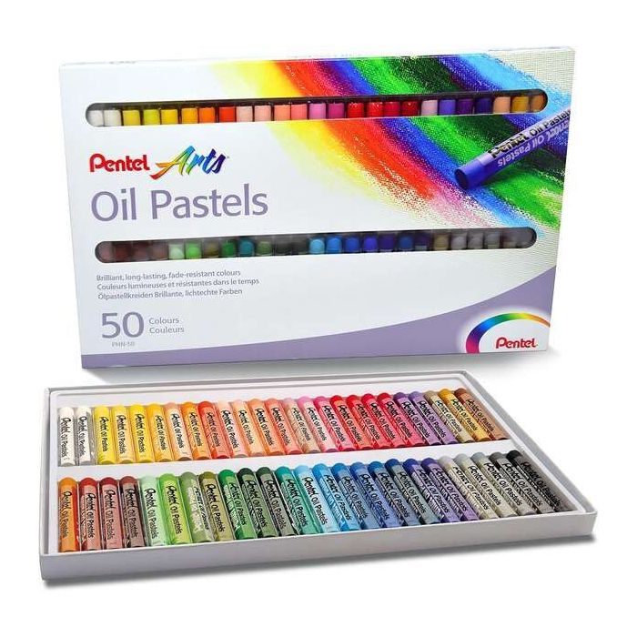 Pentel Oil Pastels Pack de 50 Pasteles Oleo - Blandos, Cremosos y de Secado Lento - Colores Surtidos