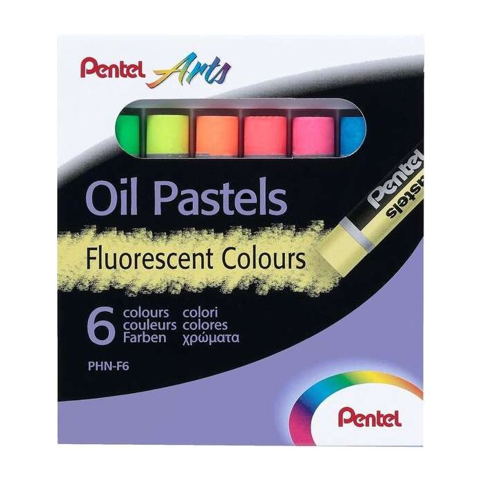 Pentel Oil Pastels Pack de 6 Pasteles Oleo Fluorescentes - Blandos, Cremosos y de Secado Lento - Colores Fluorescentes Surtidos