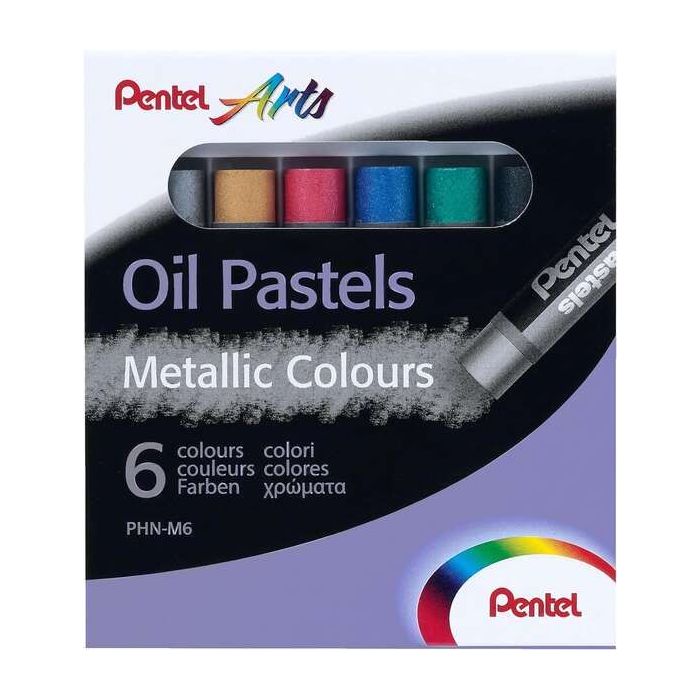 Pentel Oil Pastels Pack de 6 Pasteles Oleo Metalicos - Blandos, Cremosos y de Secado Lento - Colores Metalicos Surtidos