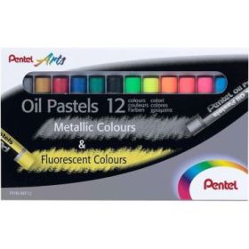 Pentel Oil Pastels Pack de 12 Pasteles Oleo - 6 Metalicos y 6 Fluorescentes - Blandos, Cremosos y de Secado Lento - Colores Metalicos y Fluorescentes Surtidos