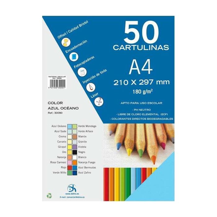 Dohe Pack de 50 Cartulinas A4 180 g/m² - Aptas para Impresion - PH Neutro - Libres de Cloro Elemental - Color Azul Oceano