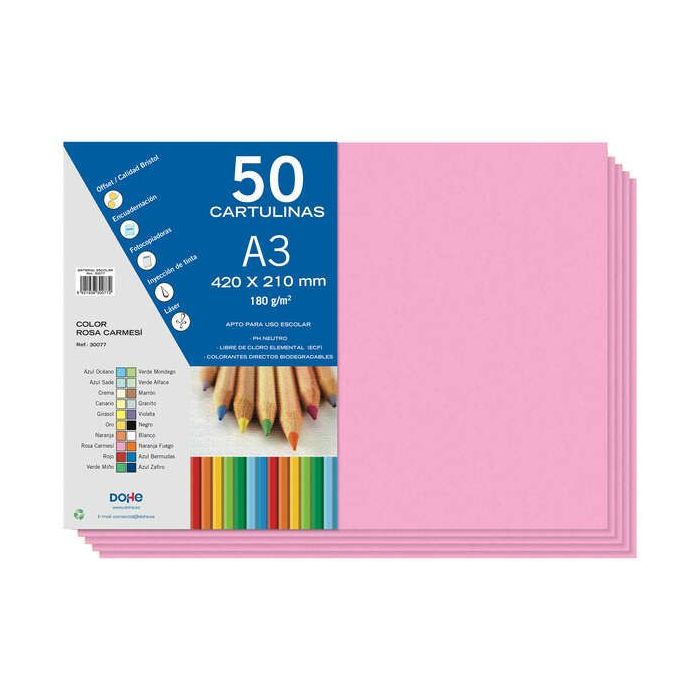 Dohe Cartulinas A3 - 50 Hojas - Gramaje de 180g - Ideal para Manualidades - Color Rosa