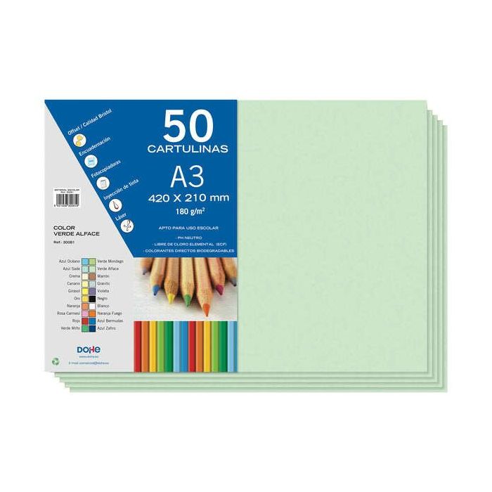 Dohe Cartulinas A3 - 50 Hojas - Gramaje de 180g - Ideal para Manualidades y Proyectos Escolares - Color Verde