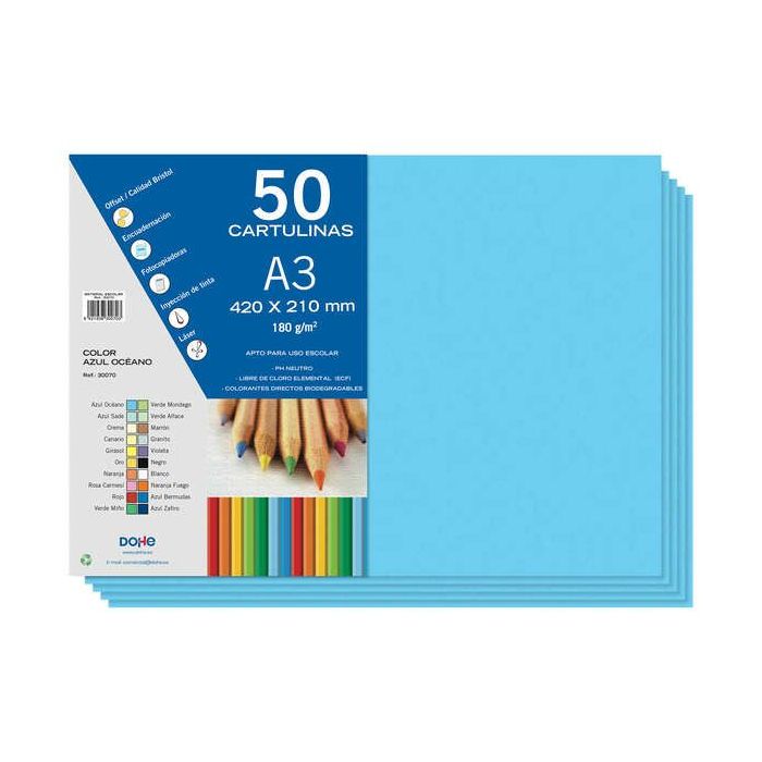 Dohe Pack de 50 Cartulinas A3 - Gramaje de 180g - Libres de Cloro - Colorantes Biodegradables - Color Azul Oceano