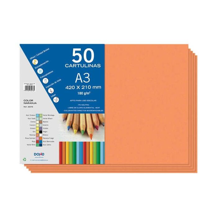 Dohe Cartulinas A3 - 50 Hojas - Gramaje de 180g - Color Naranja