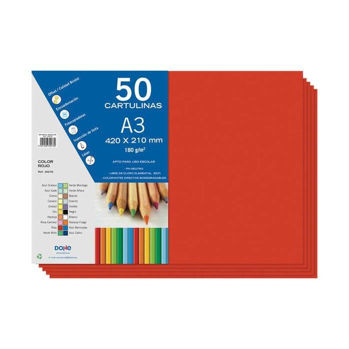 Dohe Cartulinas A3 - 50 Hojas - Gramaje de 180g - Color Rojo