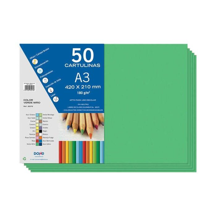 Dohe Cartulinas A3 - 50 Hojas - Gramaje de 180g - Color Verde