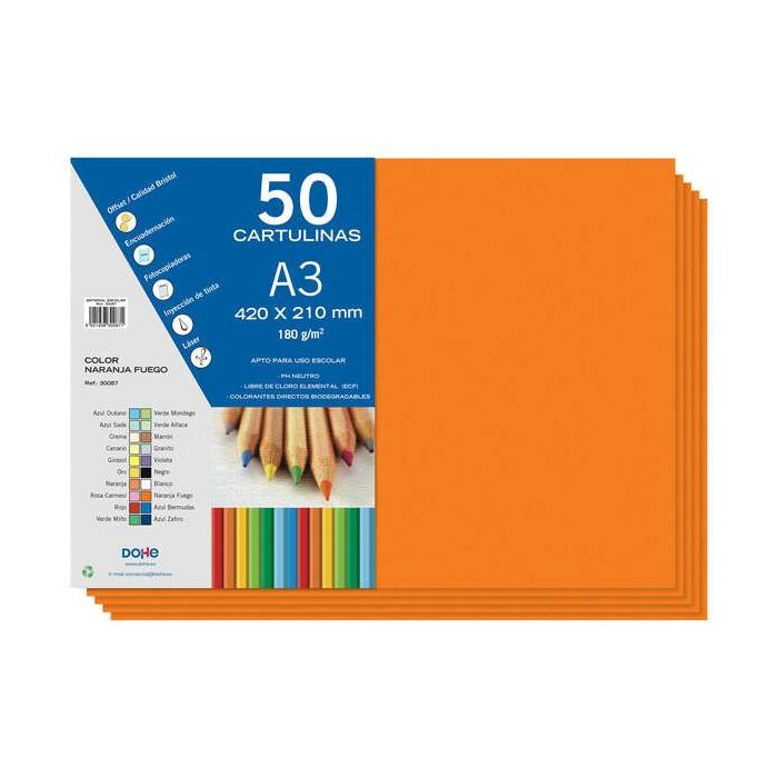 Dohe Cartulinas A3 - 50 Hojas - Gramaje de 180g - Ideal para Manualidades y Proyectos Escolares - Color Naranja