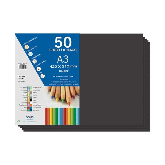 Dohe Cartulinas A3 - 50 Hojas - Gramaje de 180g - Ideal para Manualidades y Proyectos Escolares - Color Negro
