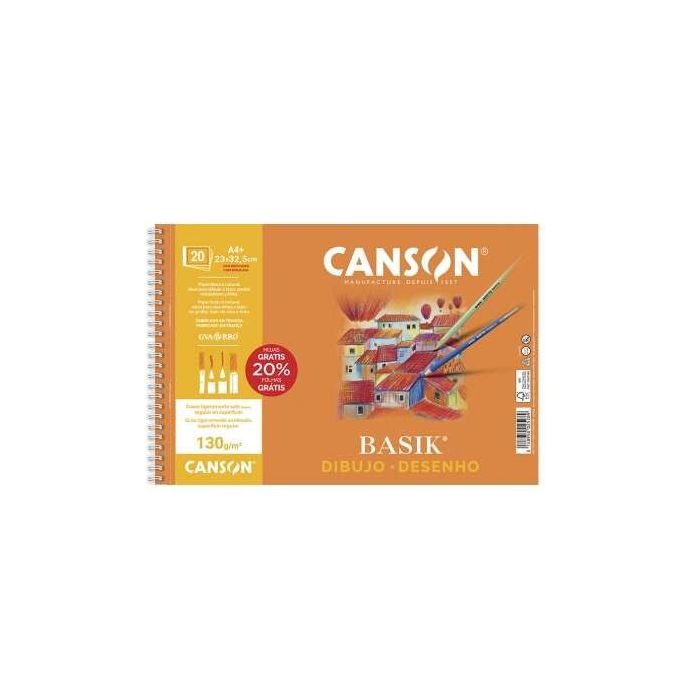 Canson Basik Bloc de Dibujo Espiral 20 Hojas A4+ 130g - Con Recuadro - Medidas 23x32.5cm - Color Blanco