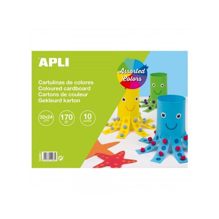 Apli Bloc de Cartulinas 170gr - 10 Hojas - Libre de Acidos - Ideal para Manualidades y Uso Escolar - Colores Surtidos