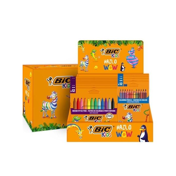 Bic Kids Expositor de 12 Packs de 12 Rotuladores Couleur + 12 Packs de 12 Lapices de Colores Evolution Stripes - Colores Surtidos