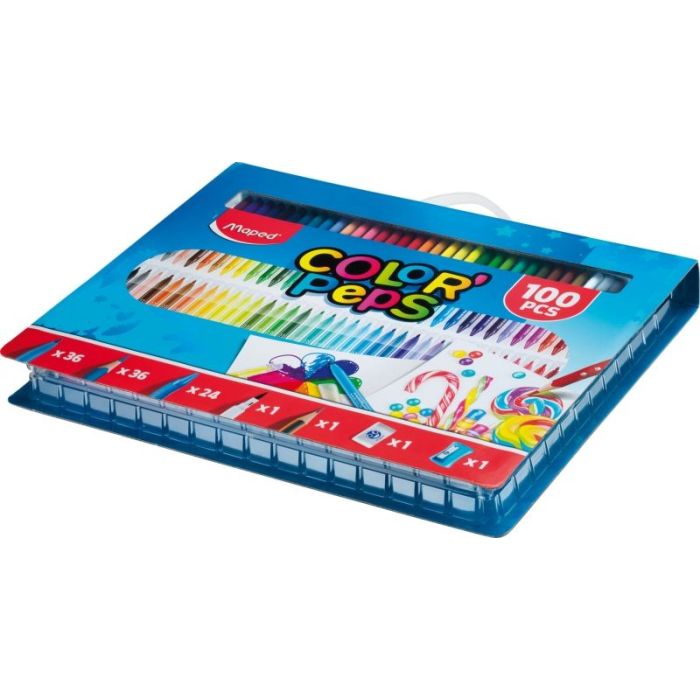 Maped Color`Peps Pack de 100 Piezas para Colorear - 36 Rotuladores, 36 Lapices, 24 Ceras, 1 Rotulador Punta Pincel, 1 Lapiz Grafito, 1 Goma y 1 Sacapuntas - Colores Surtidos