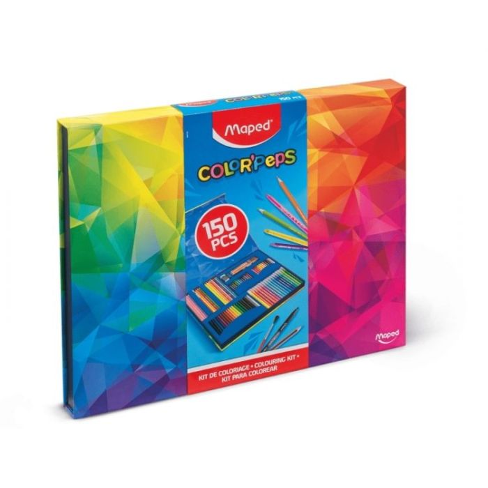Maped Color`Peps Pack de 150 Piezas para Colorear con Rotuladores, Lapices de Colores Fuertes, Infinity, Aqua, Pastel y Duo World, Ceras, Rotulador con Purpurina, Lapiz Grafito, Pincel, Goma y Sacapuntas
