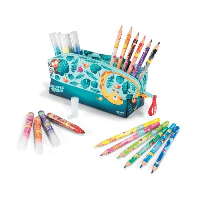 Maped Jungle Fever Bebes Estuche de Tela con 12 Lapices de Colores Jumbo Jungle Fever (A partir de 2 años) y 12 Rotuladores de Colores Jumbo Jungle Fever (A partir de 1 año)
