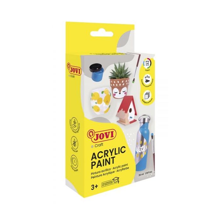 Jovi Pintura Acrilica Estuche con 6 Botes + Pincel - Acabado Satinado - Alto Poder Cubriente - Aplicacion Facil - Resistente al Agua y Jabon - Color Surtido