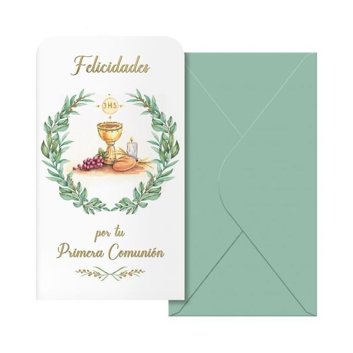 Dohe Caliz Pack de 6 Tarjetas/Billeteros de Felicitacion de Comunion con Sobre - Tamaño 9x16cm - Papel Offset - Impresas a todo Color
