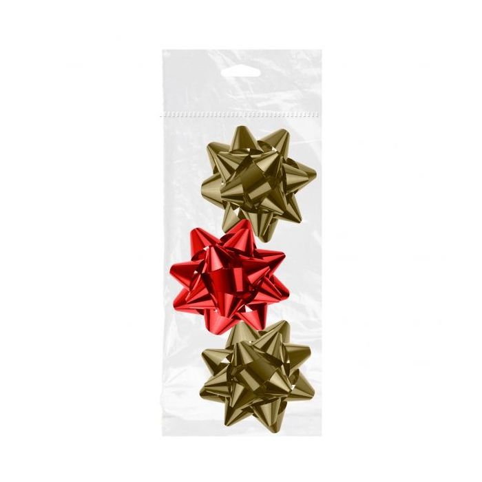 Dohe Shiny Pack de 3 Lazos para Regalo - Forma de Estrella - Tamaño 8cm - Colores Rojo y Oro
