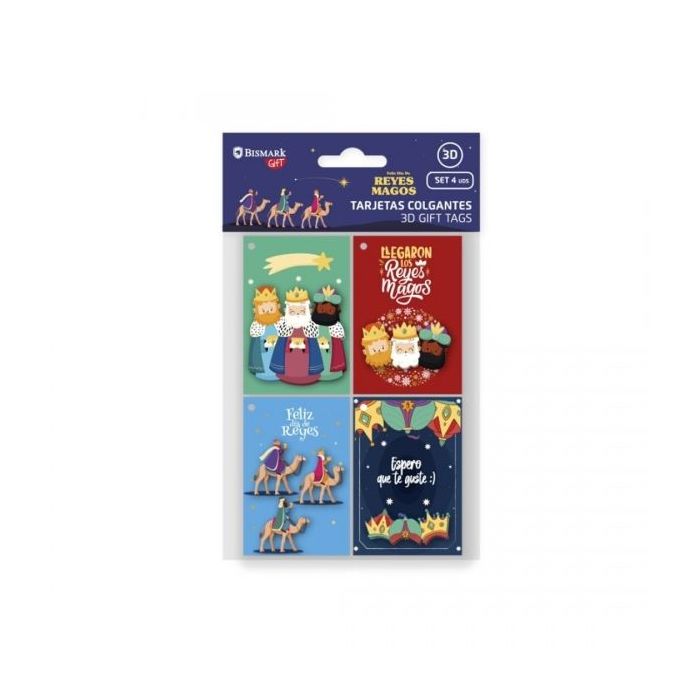 Bismark Pack de 4 Tarjetas de Felicitacion Navideña - Diseño con Relieve - Tamaño Cerrada 6x8cm,Abierta 12cm - Se Pueden Colgar - Incluyen Cordon