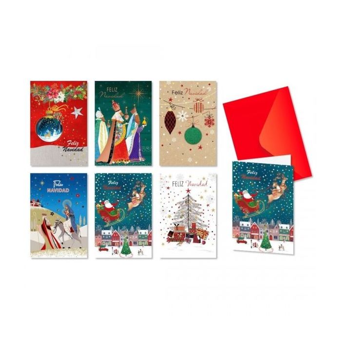 Bismark Pack de 24 Tarjetas de Felicitacion Navideña con Sobre Rojo - Tamaño Tarjeta 11.5x17cm - Diseños Variados con Brillo