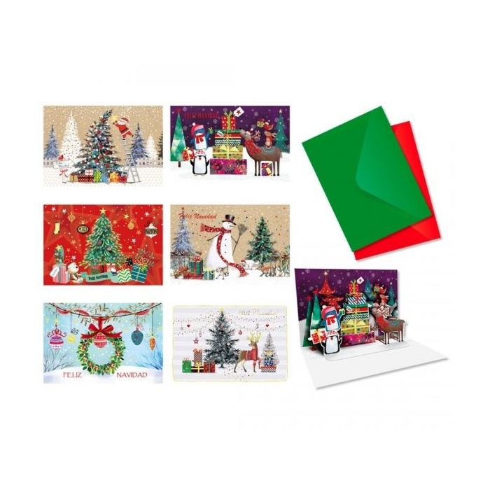 Bismark Pack de 24 Tarjetas de Felicitacion Navideña Pop-Up - Tamaño Tarjeta 11.5x17cm - Diseños Variados - Incluye Sobres de Colores