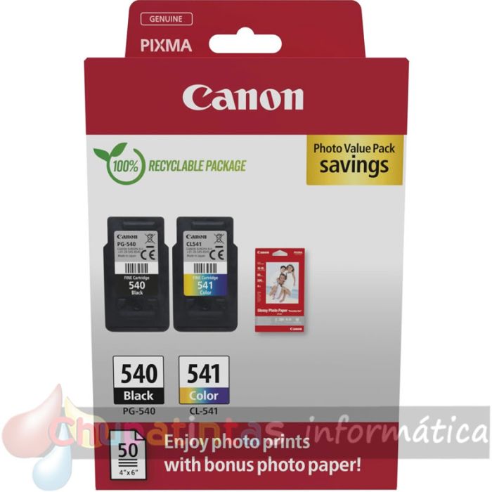 Canon PG-540/CL-541 Pack de 2 Cartuchos de Tinta Originales + 50 Hojas de Papel Fotográfico - 5225B013