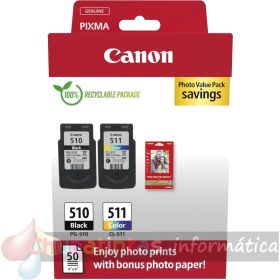 Canon PG-510/CL-511 Multipack de 2 Cartuchos de Tinta Originales + 50 Hojas de Papel Fotográfico - 2970B017