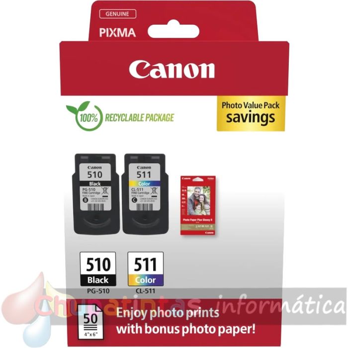 Canon PG-510/CL-511 Multipack de 2 Cartuchos de Tinta Originales + 50 Hojas de Papel Fotográfico - 2970B017