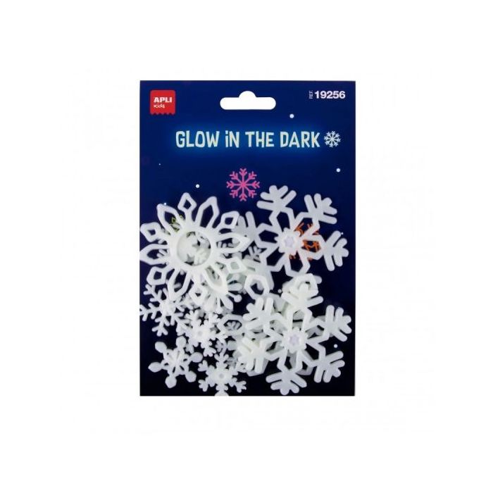 Apli Pack con 12 Copos de Nieve Luminiscentes 3D - Plastico Solido - Brillan en la Oscuridad - Adhesivo Permanente - Diseños y Tamaños Surtidos