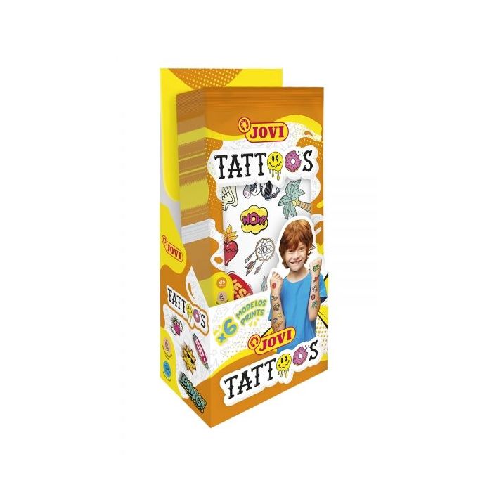Jovi Expositor con 24 Packs de Tatuajes Temporales - 6 Laminas por Pack - Mas de 80 Motivos - Emoticonos, Animales, Objetos etc... - Sin Parabenos - Libre de Alergenos