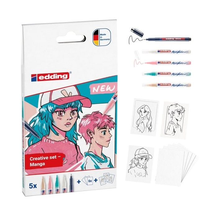 Edding Set Acrilico Manga Pack de 4 Rotuladores 5300 + 1 Rotulador 1800 + 6 Tarjetas en Blanco + 3 Plantillas + 1 Folleto con Instrucciones - Colores Surtidos
