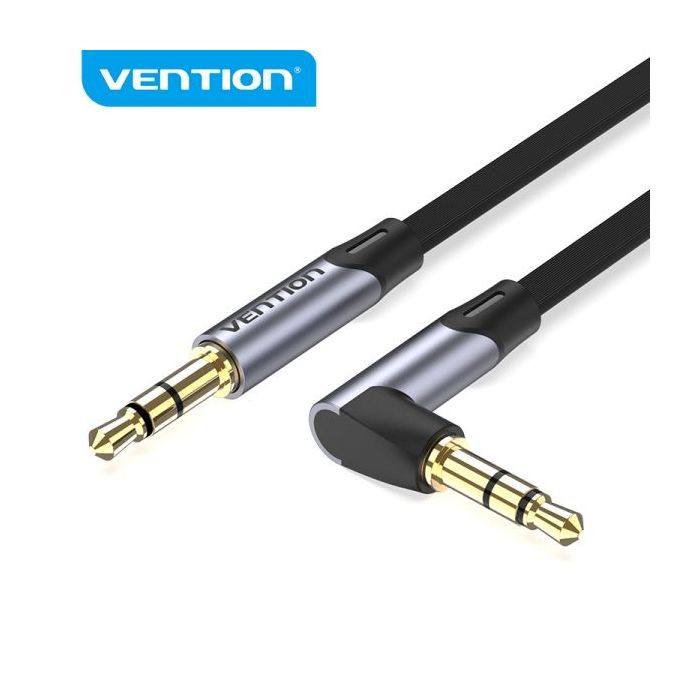 Vention Cable Auxiliar Estereo - Angulo de 90° - Chapado en Oro - Conductor de Cobre Esmaltado - Revestimiento de Aleacion de Aluminio - Color Gris